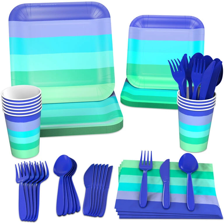 Hallmark Color Pop 96-Piece Tableware Basics Party Kit, Cool Ombré Stripe 3 Hallmark Color Pop 96-Piece Tableware Basics Party Kit, Cool Ombré Stripe