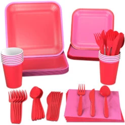 Hallmark Color Pop 96-Piece Tableware Basics Party Kit, Red And Pink
