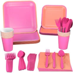 Hallmark Color Pop 96-Piece Tableware Basics Party Kit, Pink And Orange