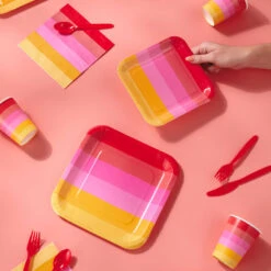 Hallmark Color Pop 96-Piece Tableware Basics Party Kit, Warm Ombré Stripe -Hallmark online Shop Red and Pink Stripe Party in a Box Party Supplies 5CLP1008 03